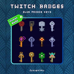 May include: A collection of twelve pixel art keys displayed in a grid, labelled TWITCH BADGES BLUE PRINCE KEYS and Cycsprites. The keys feature various designs and colours including red, gold, silver, purple, and green. A green tag reads Human Made.