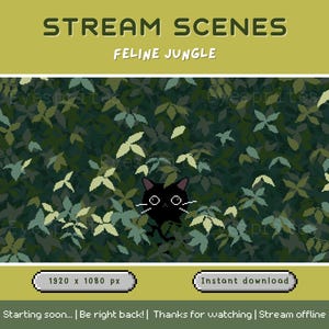Geanimeerde streamscènes met pixelart voor Twitch | Offline banner - schattige zwarte kat in de groene jungle | Bos | Tuin