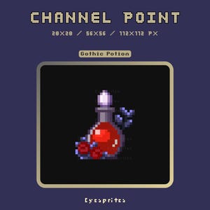 Może przedstawiać: Grafika pikselowa butelki Gothic Potion z czerwoną cieczą i białym korkiem. Obraz jest umieszczony na ciemnoniebieskim tle z tekstem "CHANNEL POINT" i "Gothic Potion". Wymiary obrazu to 28x28, 56x56 i 112x112 pikseli.