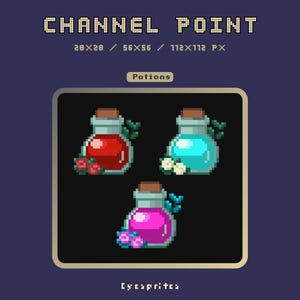 Może przedstawiać: Obrazek w stylu pixel art przedstawiający trzy butelki z miksturami w kolorze czerwonym, niebieskim i różowym. Każda butelka ma korek, liście i kwiaty. Tekst "CHANNEL POINT" i "Potions" jest wyświetlany powyżej.