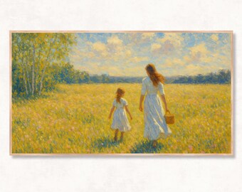 Tableau mère et fille dans une prairie : oeuvre d'art impressionniste pour la télévision dans une ferme (téléchargement numérique)