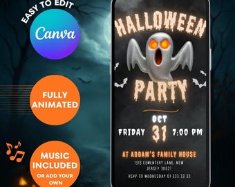 Digital Halloween Party Invitation Animated Ghost Skull Pumpkin Party Video Invite eCard DIY Evite Template Spooky Trick or Treat Mobile