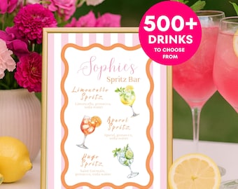 Modèle de menu de bar Spritz, panneau de menu cocktail modifiable sur toile Aperol Spritz Station, panneau de menu de bar, anniversaire de douche nuptiale, EVJF
