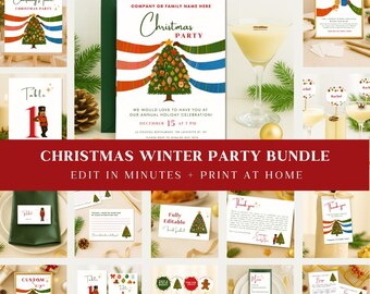 May include: A Christmas party bundle with invitations, table cards, and other festive stationery. The invitation features a Christmas tree design with red, blue, and green accents. The text reads "Christmas Party".