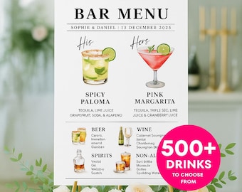 Plantilla de menú de bar de bodas Letrero de bebida de autor editable Menú de bar Menú de cóctel de boda Canva Letrero de bar de boda editable Bebida de la novia y el novio