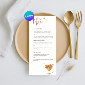 May include: A menu card with a festive design, featuring a list of starters, main courses, and desserts. The menu includes options like butternut squash soup, prime rib roast, and pecan pie. Gold-colored utensils and a wooden plate are also visible.