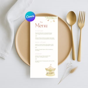 May include: A menu card with the title "The Menu" in red script, featuring starters, main courses, and desserts. The card is on a wooden plate with gold utensils. A carousel illustration is at the bottom.