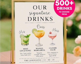 Our Signature Drinks Sign Template Editable Canva Wedding Bar Menu His Hers Ours Drink Sign Cocktail Menu Printable Sign Menu Wedding Bar