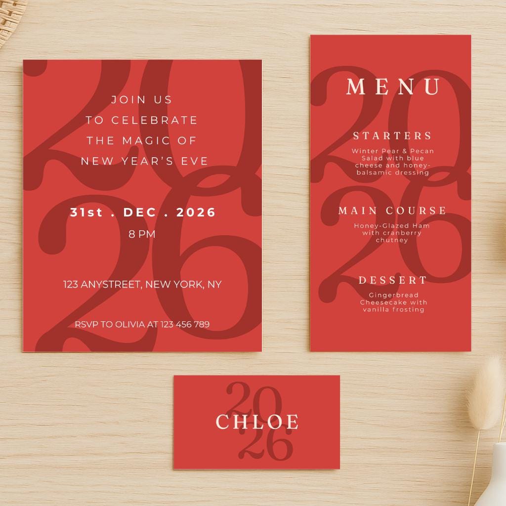 New Years Eve Bundle Template Editable Canva Red Modern 2026 Typography ...