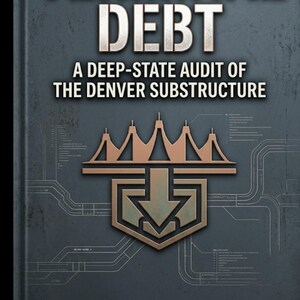 May include: Book cover for "The Terminal Debt" by Sam Spikes. The title is in large, silver, block letters. Below, the text reads "A Deep-State Audit of the Denver Substructure." A copper-coloured graphic is centered on the cover. The book is a "Foundry" original thriller.
