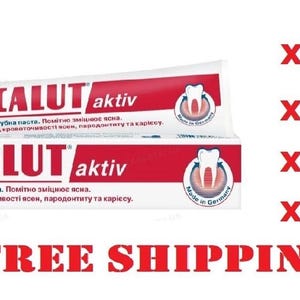 Op de afbeelding: Twee tubes LACALUT aktiv tandpasta, met een rood-witte verpakking. De tekst op de tubes bevat de merknaam, productdetails en een afbeelding van een tand. De afbeelding toont ook opties om 1, 2, 5 of 12 stuks te kopen.