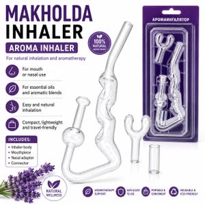 Puede incluir: Juego de inhalador de aroma de vidrio transparente con múltiples componentes, que incluyen un cuerpo de inhalador curvo, boquilla, adaptador nasal y conector. El empaque incluye el texto "MAKHOLDA INHALER AROMA INHALER" y "Para la inhalación natural y aromaterapia."