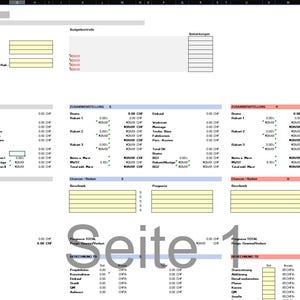 Könnte beinhalten: Eine detaillierte Tabelle mit mehreren Spalten und Zeilen, die Text und numerische Daten enthält. Das Dokument enthält Abschnitte, die mit deutschen Begriffen und Werten in CHF beschriftet sind. Das Wort "Seite 1" ist deutlich sichtbar.