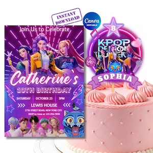 K Pop Demon Hunter Cake Topper | Editable Birthday Cake Topper Decoration | Neon Anime Party Decor | Huntrix Birthday Party Cake Printable