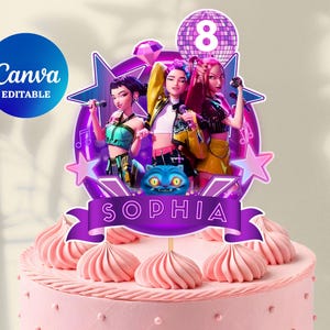 Topo de bolo K-Pop Demon Hunters | Decoração de topo de bolo K-Pop editável | Decoração de festa de anime neon | Bolo de festa de aniversário Huntrix para imprimir