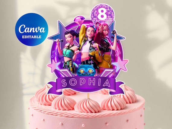 K-Pop Demon Hunters Cake Topper | Editable kpop Cake Topper Decoration | Neon Anime Party Decor | Huntrix Birthday Party Cake Printable