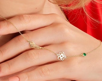 Collier aile d'ange latérale avec pierre de naissance, collier à breloques multiples, collier familial de fleurs de naissance, collier ange délicat, cadeau pour maman