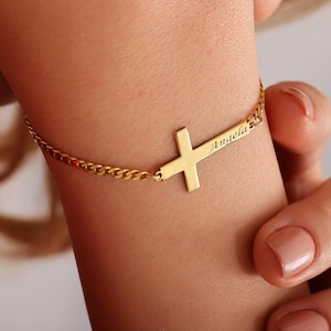 Custom Name Cross Bracelet, 14K Gold Cross Bracelet, Cross Jewelry for Women, Dainty Cross Chain Bracelet, Mother Bracelet, Gift for Girls