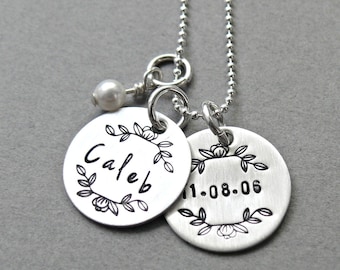 Magnolia Mothers Hand Stamped Necklace,  Personalized Mothers Necklace, Mothers Kids Names Necklace, Sterling Silver Personalized Necklace