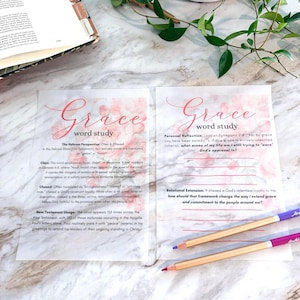 May include: Two translucent vellum sheets featuring a floral background and the title Grace word study. The left sheet details Hebrew perspectives on grace, while the right sheet provides personal reflection prompts with blank lines for writing.