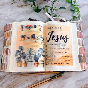 May include: An open Bible with colorful tabs on the edges, featuring a translucent vellum insert with watercolor-style potted plant illustrations and the text "TALK TO Jesus" followed by a list of prompts for reflection and prayer.