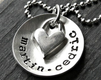 Personalized Sterling Silver Hand Stamped Heart Necklace, Artisan Mom Jewelry