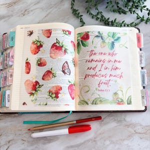 May include: An open Bible with colorful strawberry and butterfly illustrations on the pages. The right page features the text, "the one who remains in me and I in him produces much fruit. John 15:5". Two red pens lie below the book.