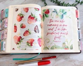 May include: An open Bible with colorful strawberry and butterfly illustrations on the pages. The right page features the text, "the one who remains in me and I in him produces much fruit. John 15:5". Two red pens lie below the book.