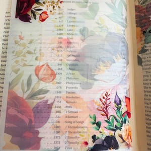 May include: A translucent vellum page insert for a book featuring a floral print with red, orange, purple, and green flowers. The page displays the text ORDER OF THE BIBLE and a list of book titles with corresponding page numbers in black ink.