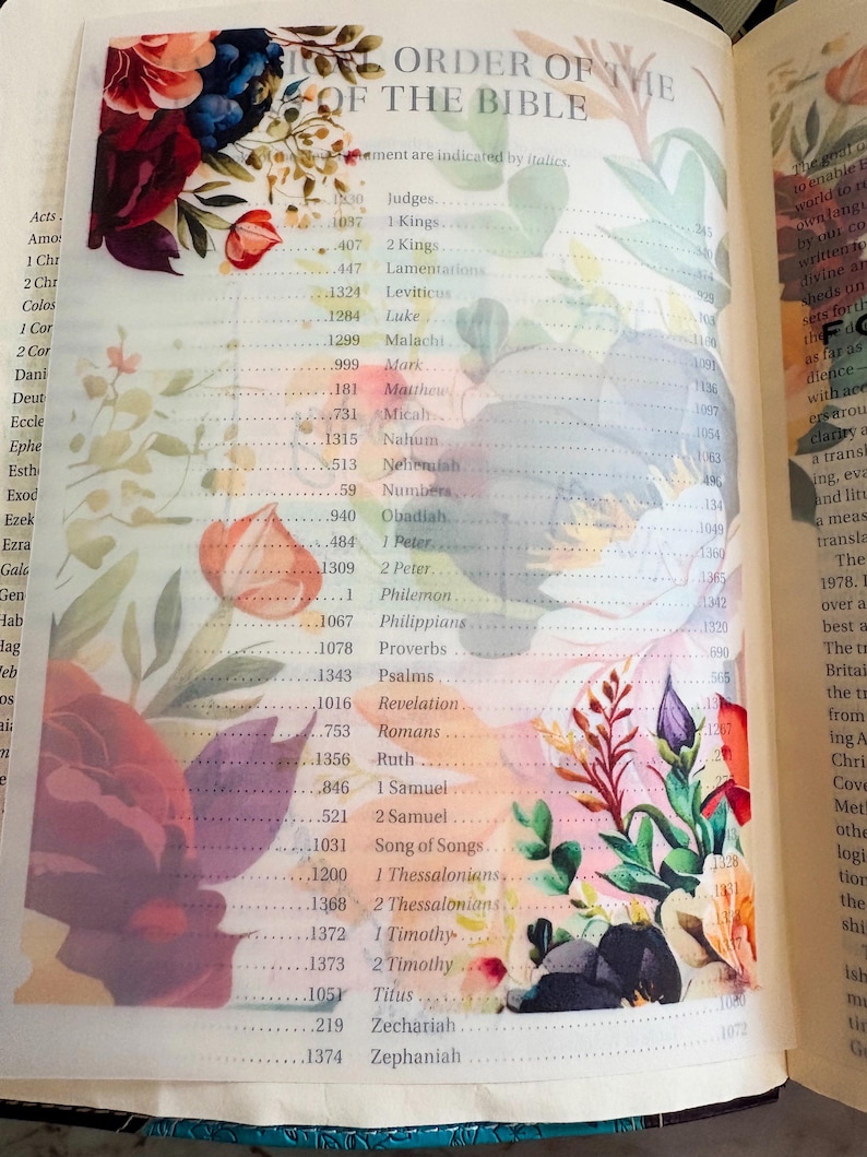 May include: A translucent vellum page insert for a book featuring a floral print with red, orange, purple, and green flowers. The page displays the text ORDER OF THE BIBLE and a list of book titles with corresponding page numbers in black ink.