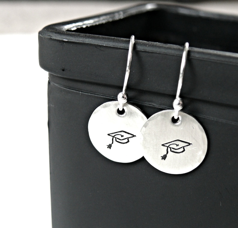 Hand Stamped Sterling Silver Graduation Earrings Graduation Etsy