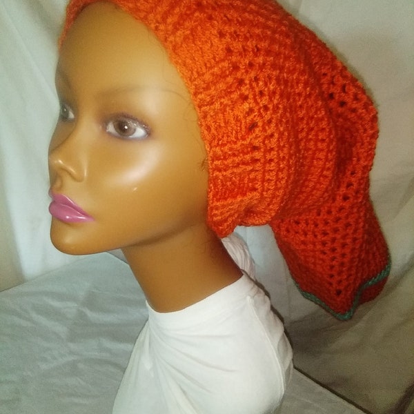 Crochet Long Loc Hat. Orange with  blue, mesh panel, Beanie for Long Hair, Unisex. Gift for Him or Her. Hand Crocheted, Great for Daily Use.