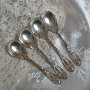 Set of 4 Antique Ornate Silver Plate 5" Ice Cream Spoons - La Vigne 1908 Pattern Repousse RARE
