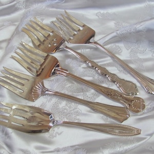 Lot of 5 Fancy Unique Silver Plate Ornate Large Serving Forks - Assorted Patterns // Vintage Antique Silverware Flatware Cutlery