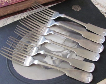 SILVERWARE - 7 Antique Silver Nickel Dinner Forks Assorted // Tipped Pattern Early Century