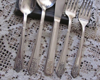 Royal Saxony Silverware Setting - Silver Plate Soup Spoon, Salad, Teaspoon, Fork, Knife - Royal Saxony Pattern