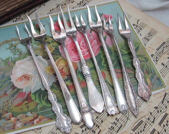 Assorted Lot of 8 Silver Plate 2 Prong Lemon Crab Seafood Shellfish Cocktail Oyster Pickle Olive Forks // Silverware Flatware Cutlery