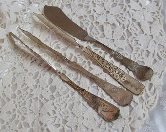 4 Antique Silver Plate Master Butter Knives Ornate Fancy Rare Very Old Patterns // Vintage Silverware Flatware Cutlery