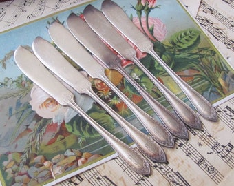 Sheraton Pattern - Lot of 6 Silver Plate Spreader Butter Knives - Monogrammed  // Vintage Antique Silverware Flatware