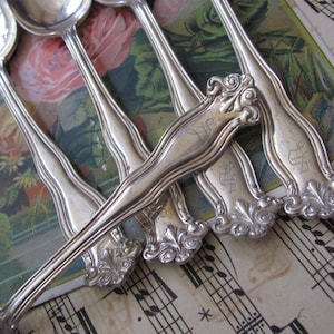 May include: Several silver spoons with decorative handles and engraved initials, arranged on sheet music and a floral card. The spoons' reflective surfaces gleam. The spoons are a classic example of silverware, with a vintage feel.