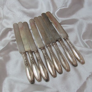 Puede incluir: Un conjunto de nueve cuchillos plateados con mangos ornamentados. Las hojas son rectangulares y los mangos tienen un diseño floral. Los cuchillos están dispuestos sobre una superficie blanca, satinada, que sugiere un entorno de comedor formal.