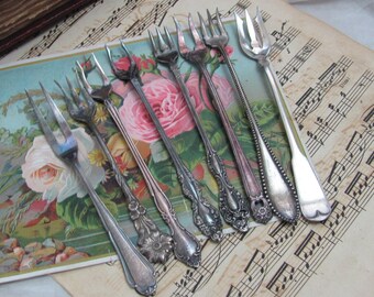 Assorted Lot of 8 Silver Plate 2 and 3 Prong Lemon Crab Seafood Shellfish Cocktail Oyster Pickle Olive Forks // Silverware Flatware Cutlery