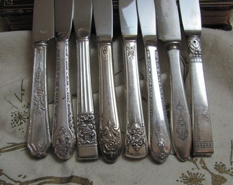 Lot of 8 Silver Plate Vintage Hollow Handle Dinner Knives - Assorted Mixed Mismatched