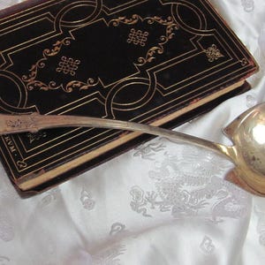 May include: A silver ladle with an ornate handle rests on a black leather-bound book with gold lettering. The book is titled "To Grolier Et."