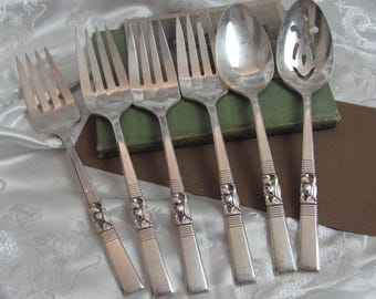 Morning Star Pattern // Silver Plate Large Serving Spoons and Cold Meat Forks Set // Vintage Antique Flatware Silverware Cutlery