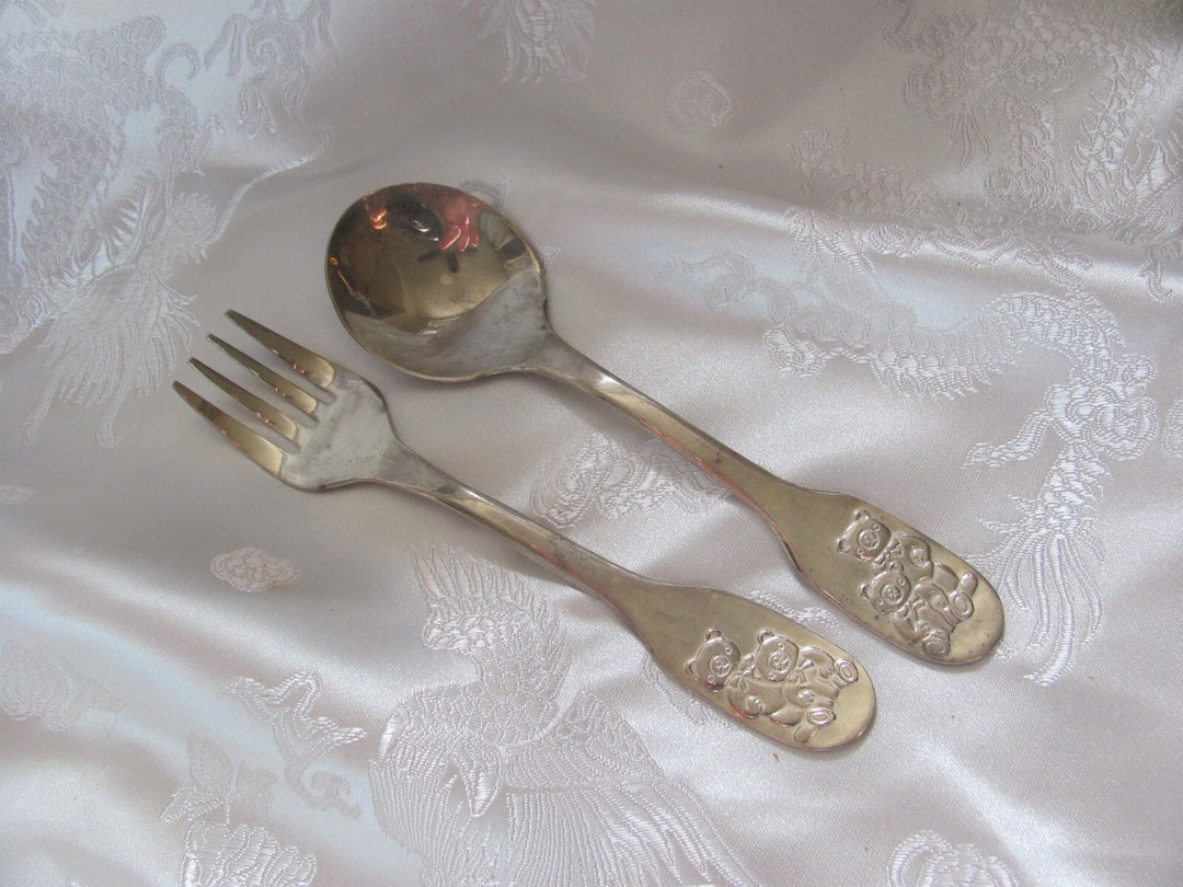 Baby Silverware Set Stainless Small Baby Fork Spoon Teddy Bears // Many