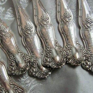 May include: Close-up of several silver-colored forks. The forks have ornate handles with a grape and leaf design. The handles are curved and have a detailed, embossed pattern. The forks are arranged on a patterned, light gray surface.