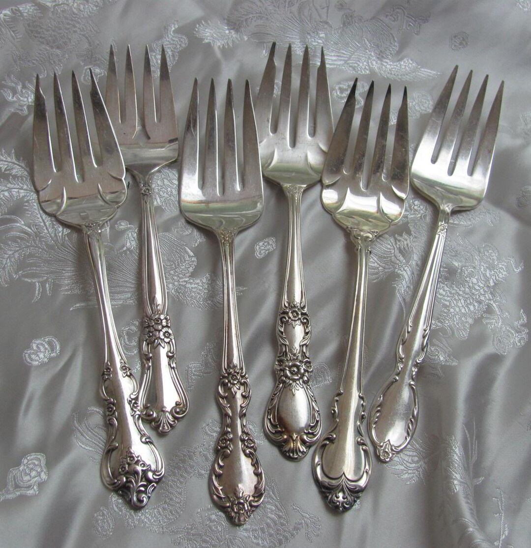 Lot of 6 Silver Plate Serving Cold Meat Large Forks Ornate Fancy ...