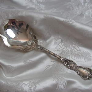 Puede incluir: Una cuchara de servir plateada con un diseño floral en el mango y el cuenco. La cuchara está muy pulida y refleja el entorno. El mango tiene un patrón ornamentado y detallado.