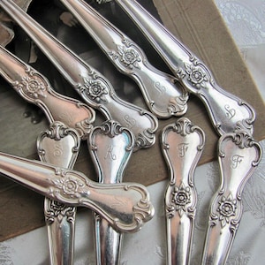 Puede incluir: Primer plano de cubiertos de plata antiguos, que incluyen cucharas y tenedores. La plata presenta diseños florales y de volutas ornamentados, con algunas piezas que muestran iniciales grabadas. Las piezas están dispuestas sobre un fondo vintage.